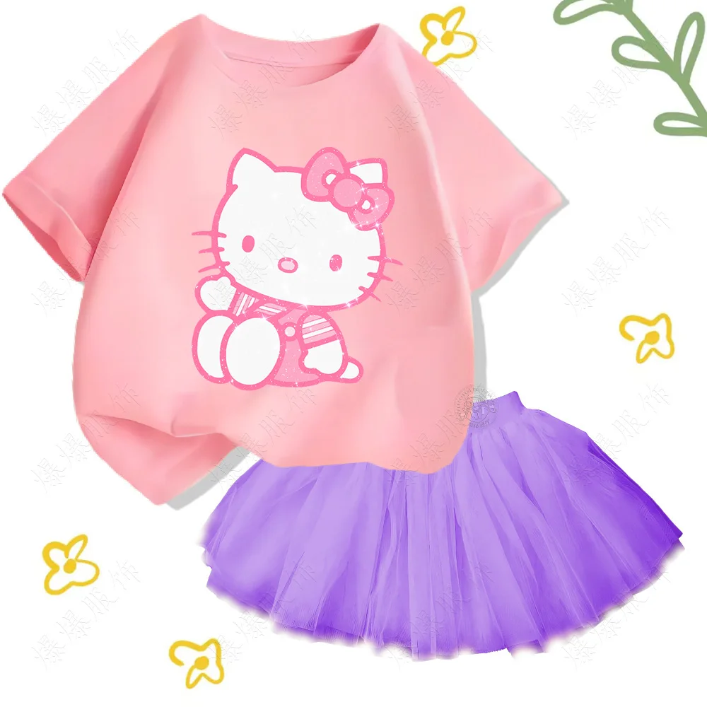 Nowa bawełniana koszulka dziecięca z nadrukiem Sanrio hello kitty Casual Comfort topy z tiulowym krótkim garniturem dla dziewczynek Kawaii Show