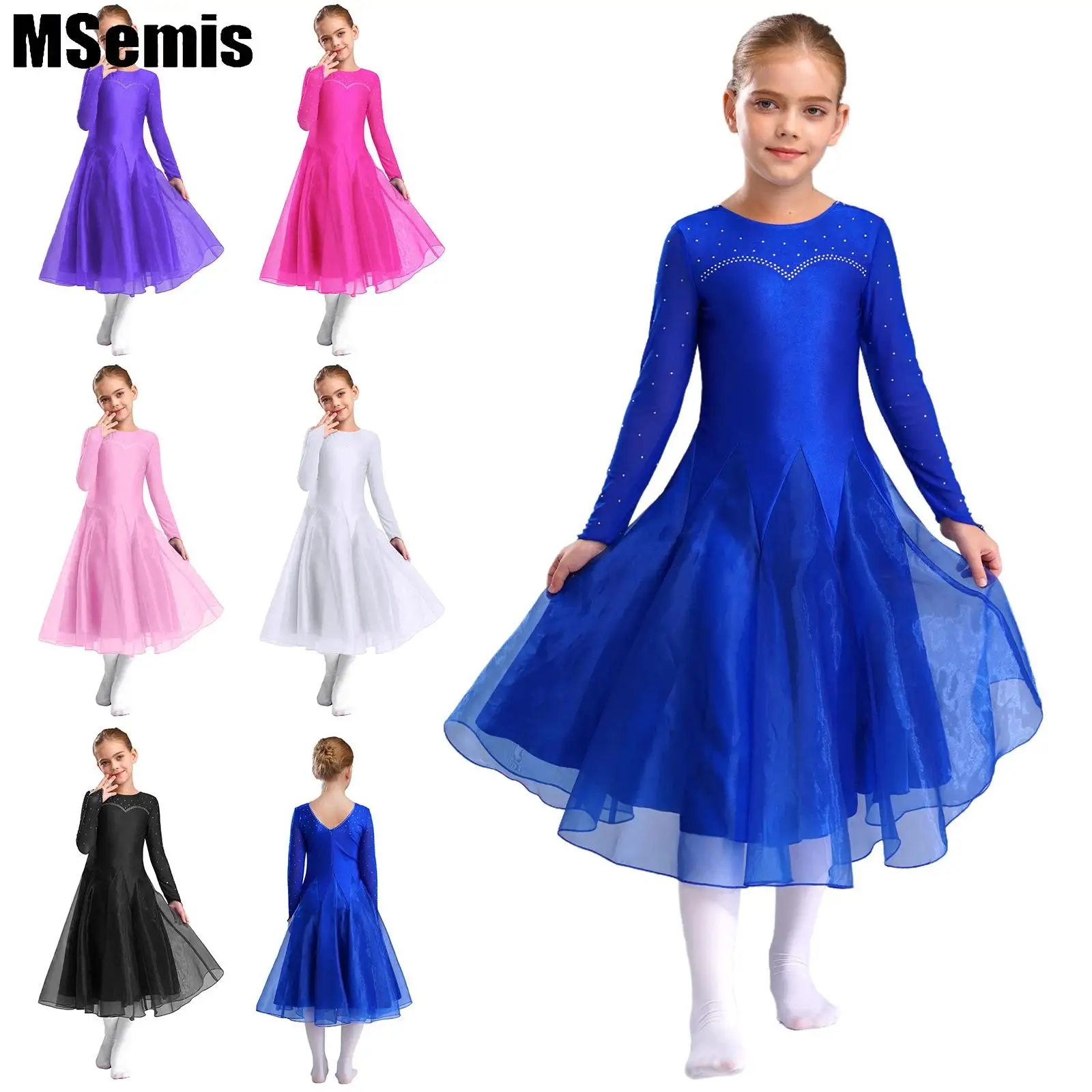 

Kids Girls Sheer Mesh Ballroom Dress Performance Dance Costume Long Sleeve Shiny Rhinestones Wide Hemline Flared Dress
