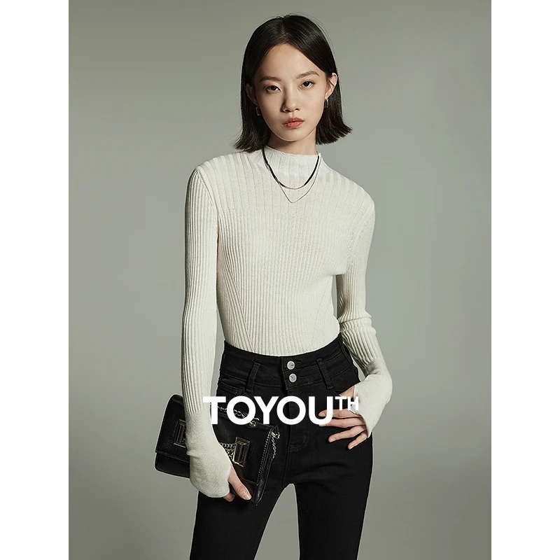 

Toyouth Women Sweater 2023 Winter Long Sleeve Half High Collar Slim Fit Knitwear Simple Basic Four Colors Undershirt Tops