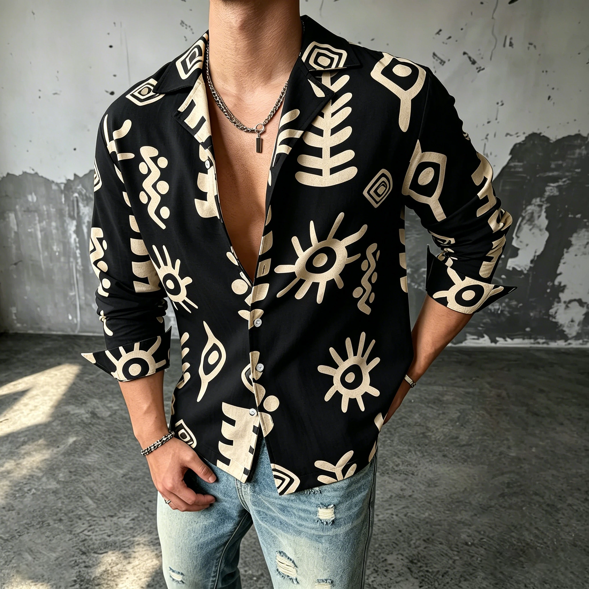 This Men's Long-Sleeved, 100% Cotton Casual Shirt Features a vintage, Bohemian-Style Print. Perfect for Social Gatherings, It Is view 4