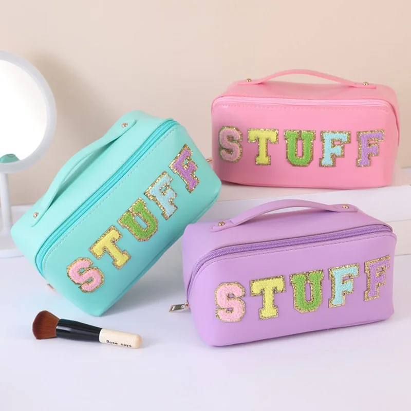 Female Cosmetics Bag Letter Patches PU Leather Makeup Bag Fashion Make Up Organizer Large Capacity Waterproof Toiletries Bags