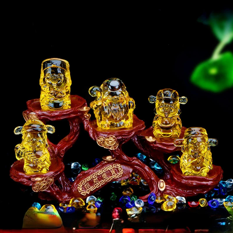 Five Blessings God of Wealth Yellowcrystal Zhaocai ornaments Glass handicrafts Home decoration accessories Opening Gifts 1pcs