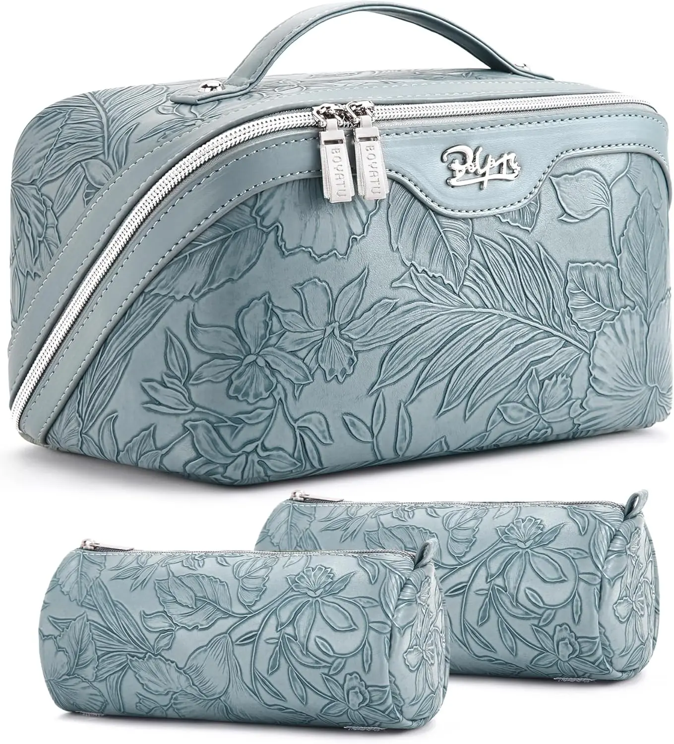 Set de Bolsas de Maquillaje Florales de Gran Capacidad: 3 Piezas, Organizador de Artículos de Aseo de Cuero Impermeable con Asa para Mujer, Azul Claro