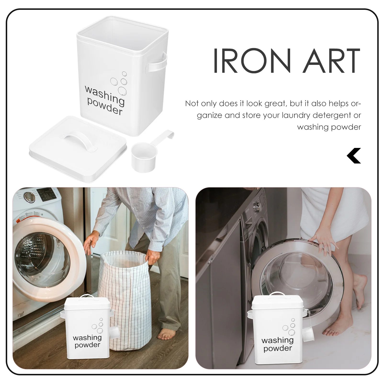 

Iron Laundry Powder Bucket White Durable Storage Container Sturdy Handle Easy Clean Laundry Room Organizer Scoop Included