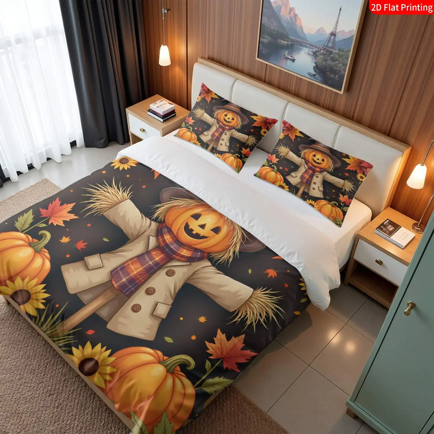 Duvet Cover Set with Pillowcases, Three-Piece Bedding Set (1 Duvet Cover + 2 Pillowcases), Autumn-Themed Bedspread Set with Scarecrow, Pumpkin, and Maple Leaf Prints, Suitable for All Seasons, Machine Washable, Invisible Zipper Design, Large Double Bed Cover Set, Suitable for Home, Dormitory, Master Bedroom, Guest Room, Visually Stunning Bedroom Decor Bedding, Popular Fantasy-Style Duvet Cover Three-Piece Set