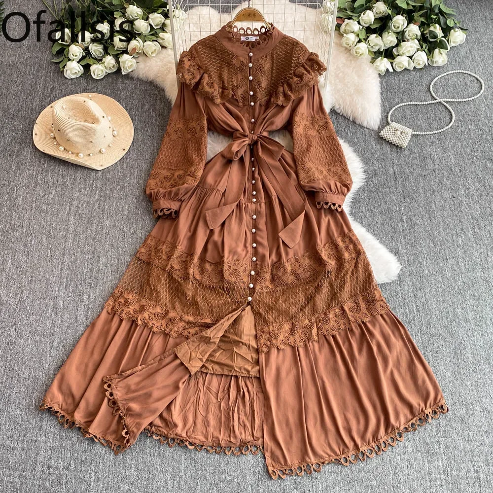 Ofallsis French Style Retro Lace Patchwork Ruffle Edge Dress 2024 Autumn New Strap Stand Up Collar Single Breasted Long Dresses