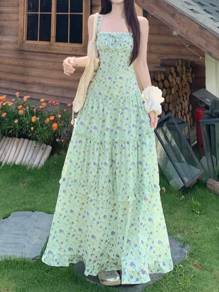 

Vintage Elegant Floral Women's Summer Dresses Fashion Lace Up Patchwork Spaghetti Strap Long Dress Bohemain Romantic Vestidos