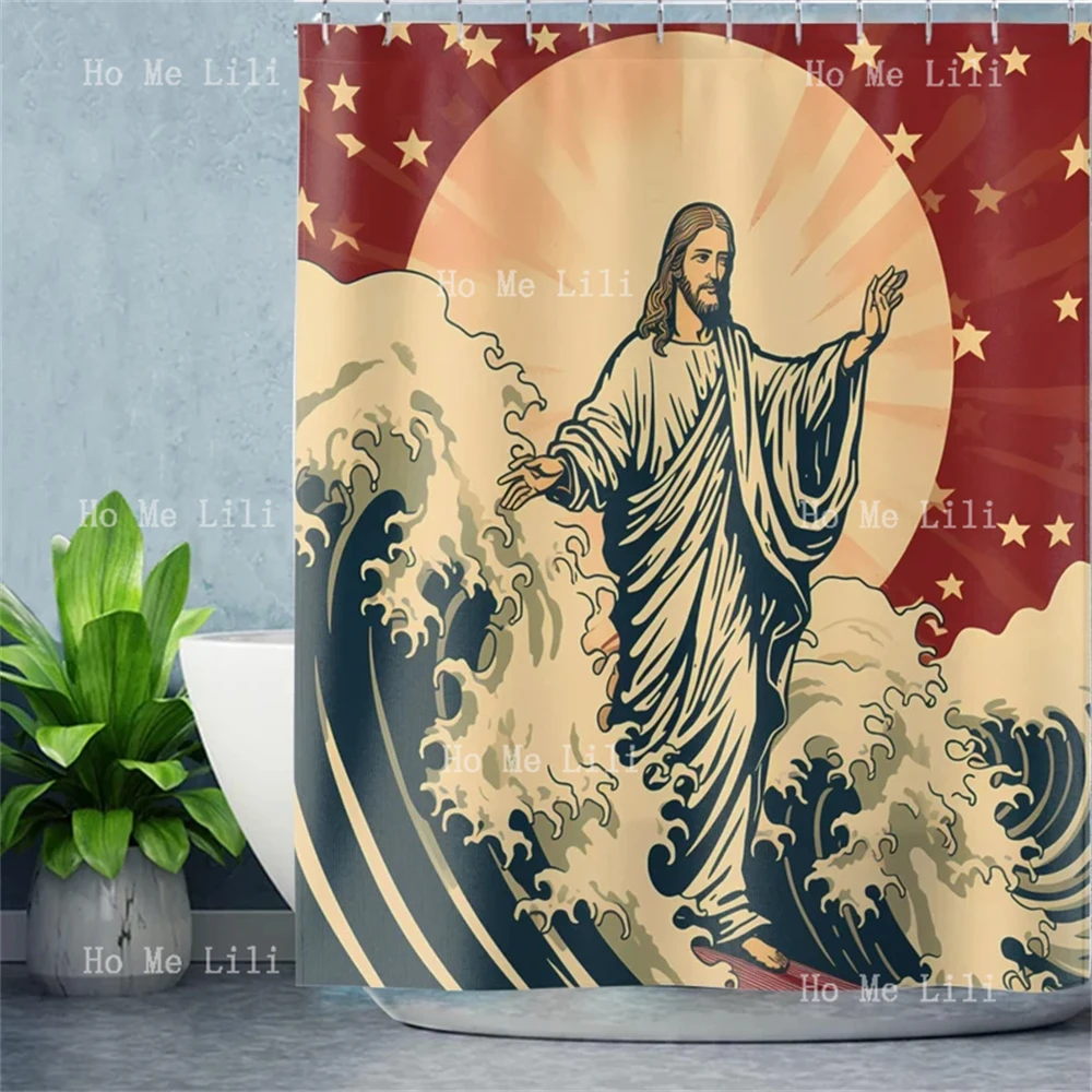 Jesus Surfing On The Waves Shower Curtain Funny Christian Gifts Ideas