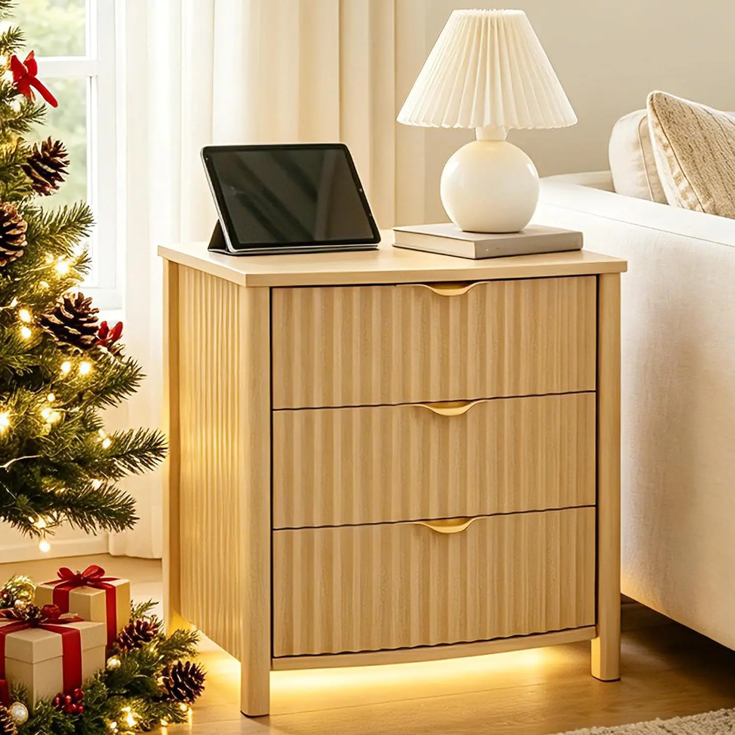 Fluted Nightstand with Hidden Drawer & Charging Station, Customized