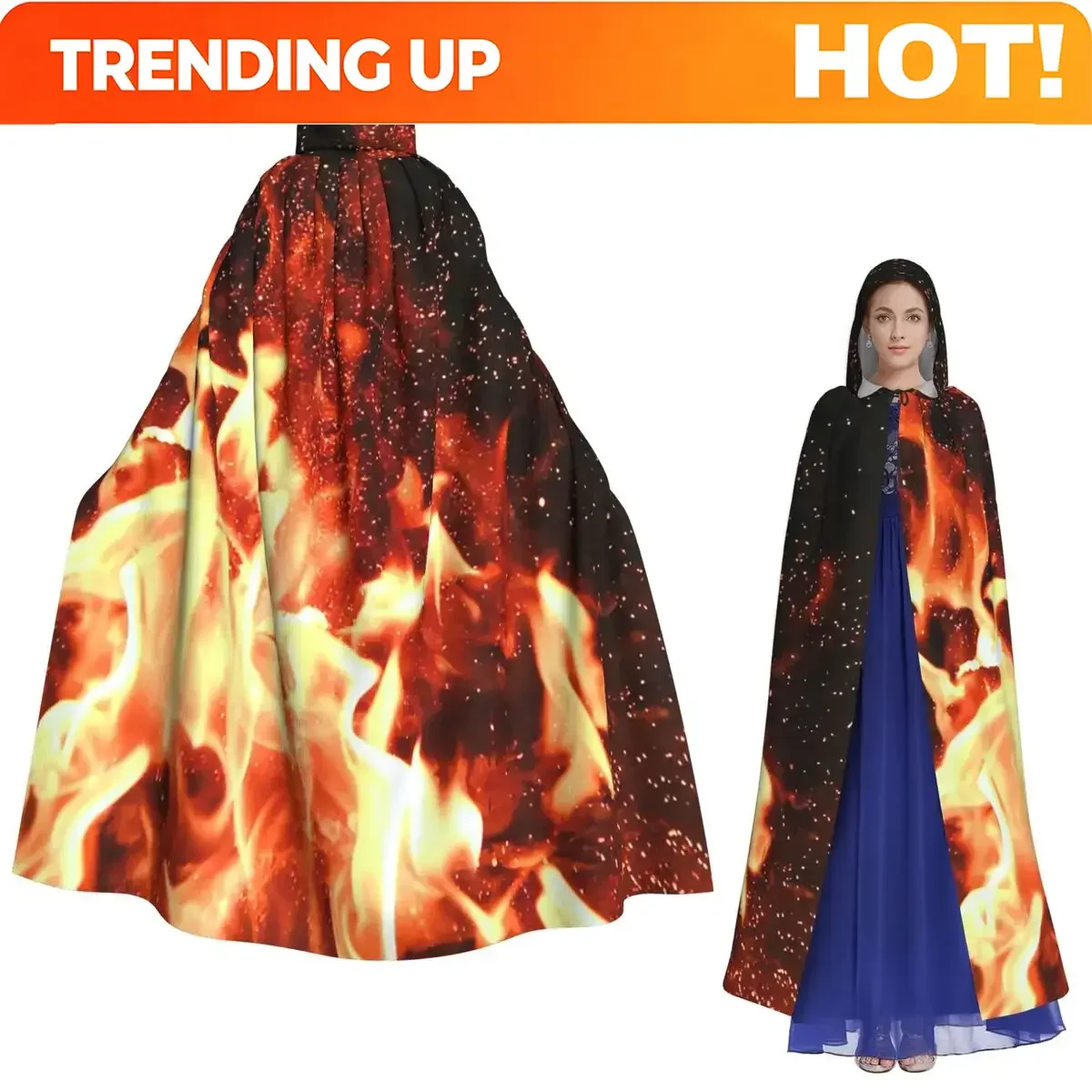 Customization Burning Fire With Sparks Long Hooded Cloak Witch Medieval Costume Cosplay Cape HalloweenVampire Adult Unisex