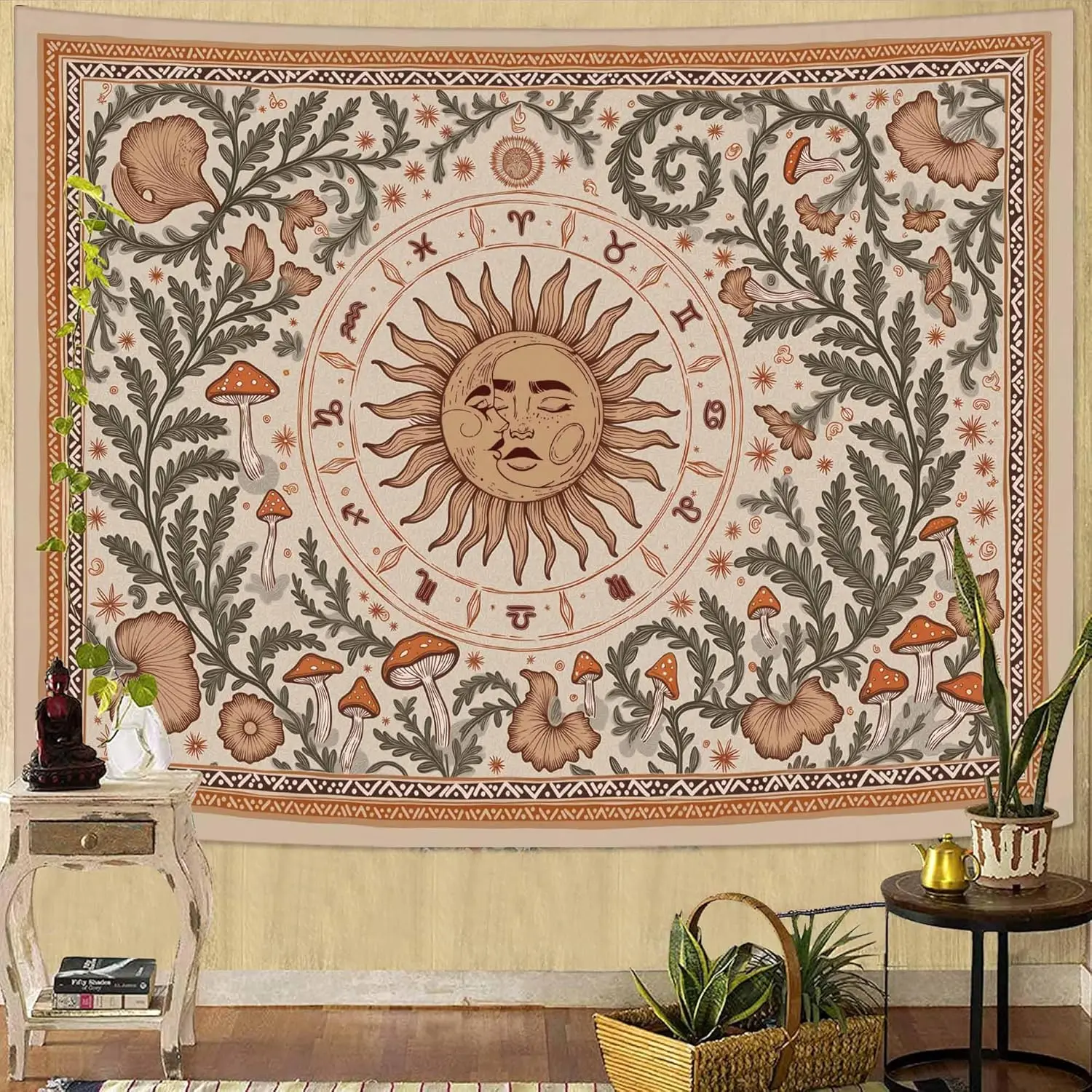 Sun and Moon Tapestry Wall Hanging Boho Vintage Mushroom Tapestries for Bedroomfor Bedroom Aesthetic Retro Plants Constellation