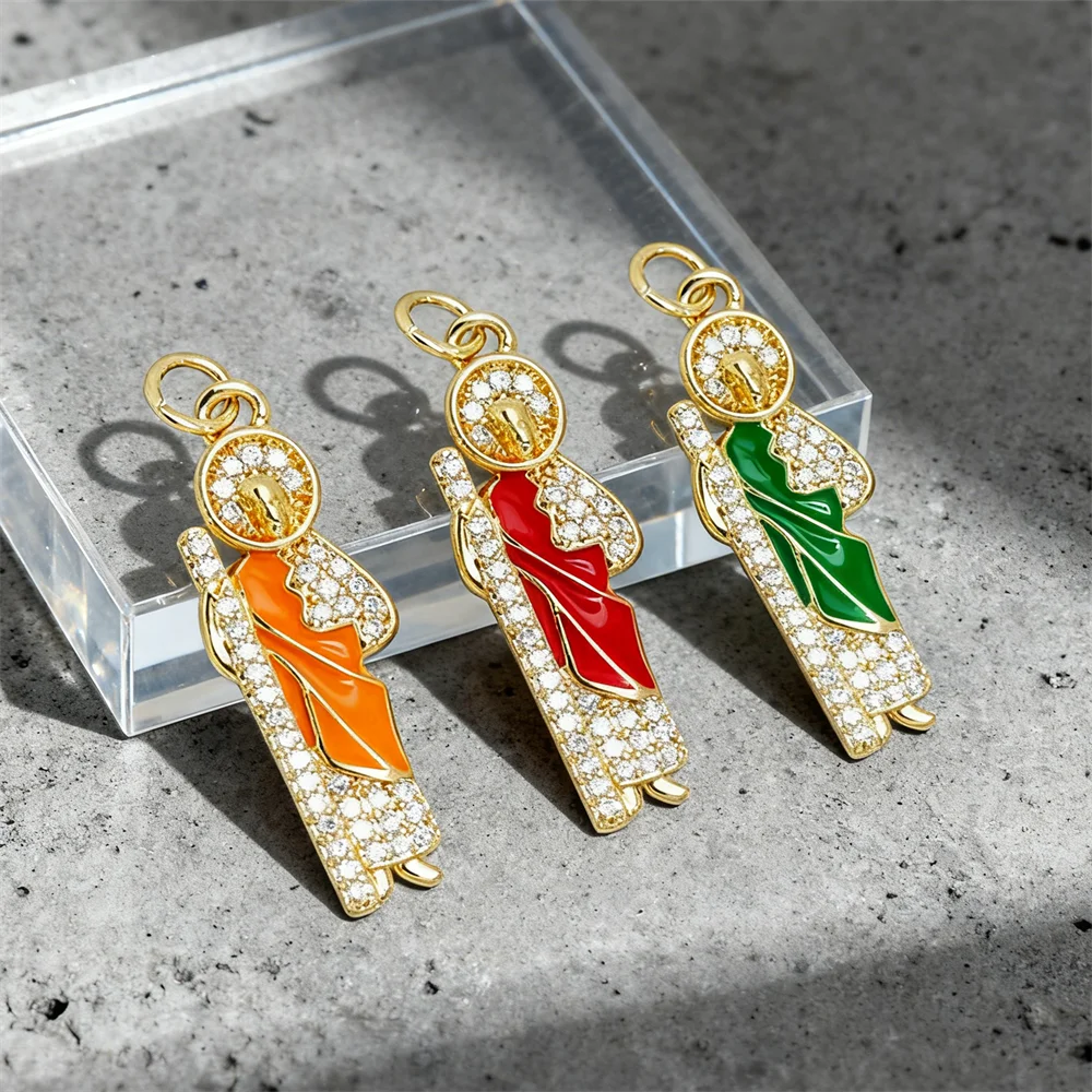 3Pcs Pendants Sparkling Brass Enamel Saint Charms Zircon Religious Figure for DIY Jewelry Necklace Bracelet Fashion Accessories
