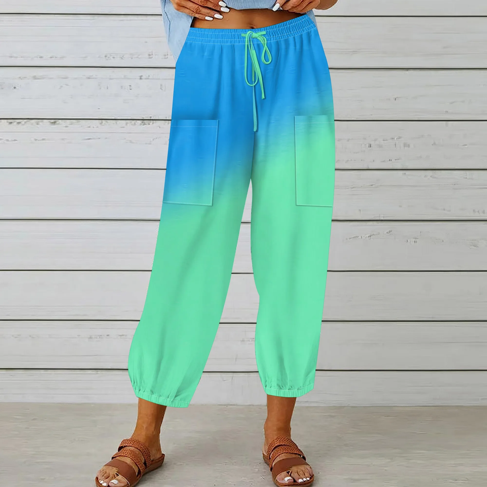 Gradient Blue Green Pants, Ombre Print Trousers, Side Pocket Joggers, Drawstring Sweatpants, Summer Beachwear for Women, XS-2XL