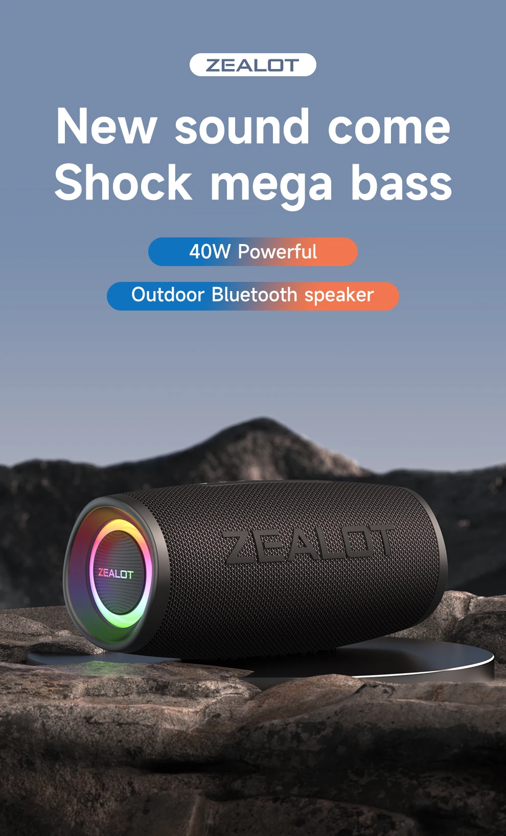 Zealot_S56 40W Tragbarer Lautsprecher Bass-Subwoofer Kabellos IPX6 Wasserdicht TWS 8800mAh Outdoor-Reiselautsprecher USB/TF/AUX – Detail 2