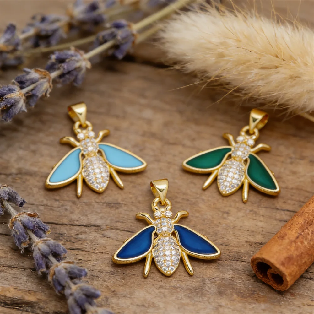 

3Pcs Pendants Brass Zircon Bee Charm Colorful Enamel Insect Shape Accessories for DIY Jewelry Necklace Bracelet Making Women Men