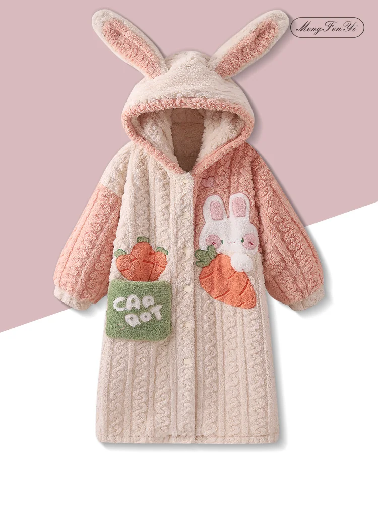 Conjunto de Roupa Feminina Long Thi Coral Fce, Flanela de Coelho e Cenoura, Roupas de Inverno para Jovens