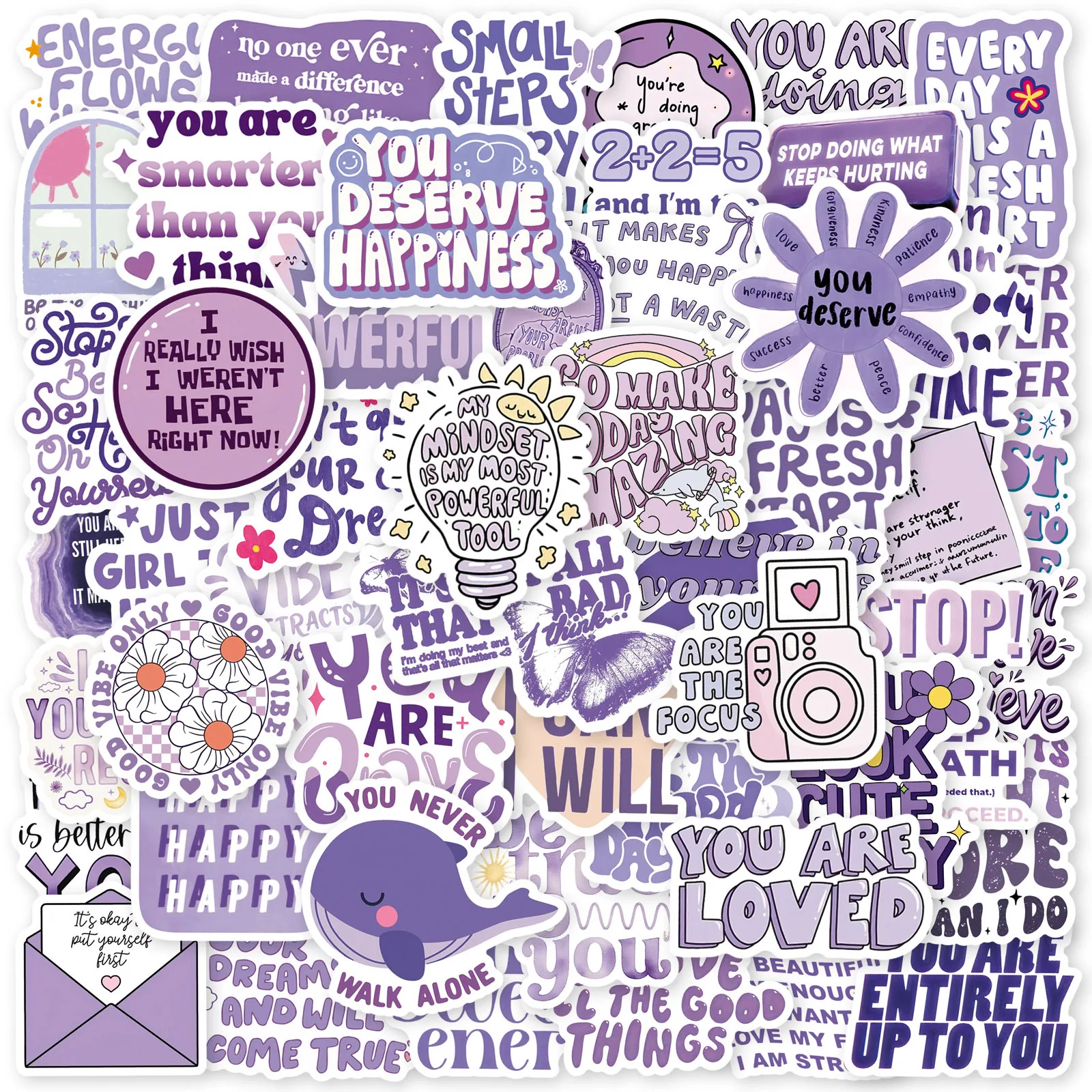 Autocollants imperméables avec texte inspirant violet, 50 pièces, Slogan anglais, Graffiti, décoration pour carnet de notes, valise, tasse d'eau, jouets de guitare