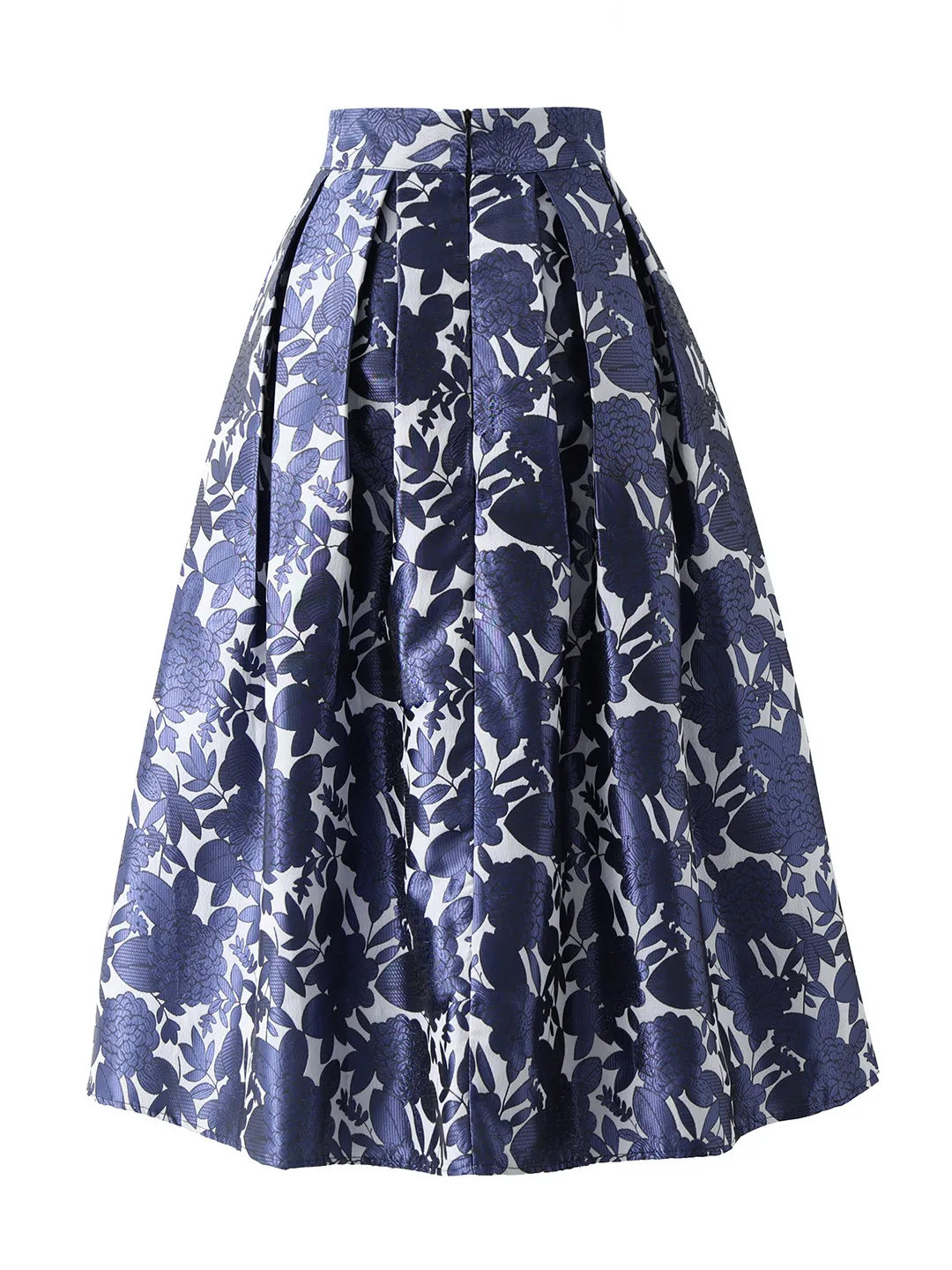High Quality Vintage Dark Blue Flowers Jacquard Women A-line Skirt New Spring Autumn Elegant High Waist Mid-length Pleated Skirt