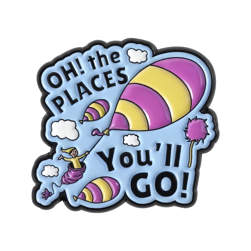 

OH! the PLACES You'll GO! Enamel Pins Growth English Picture Book Stories Balloon Aircraft Brooches Lapel Badge Jewelry Kid Gift