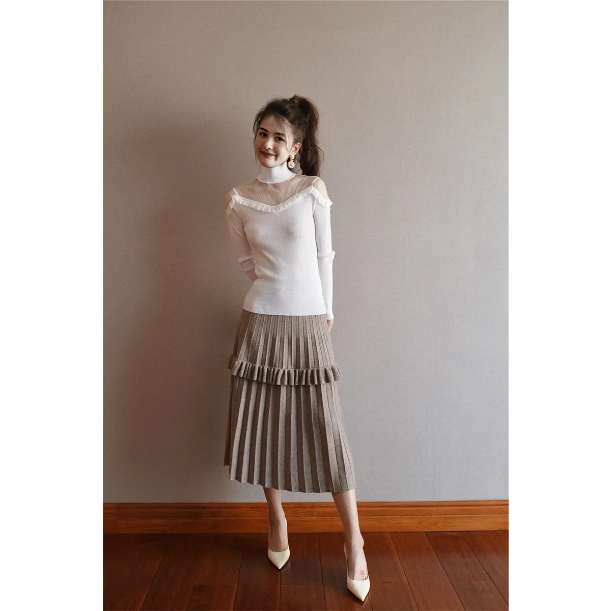 

Юбка YANDAN с высокой талией, облегающая, вязаная, с плиссировкой-гармошкой и 3D-кружевным декором, из смесовой шерсти, удобная для повседневной носки