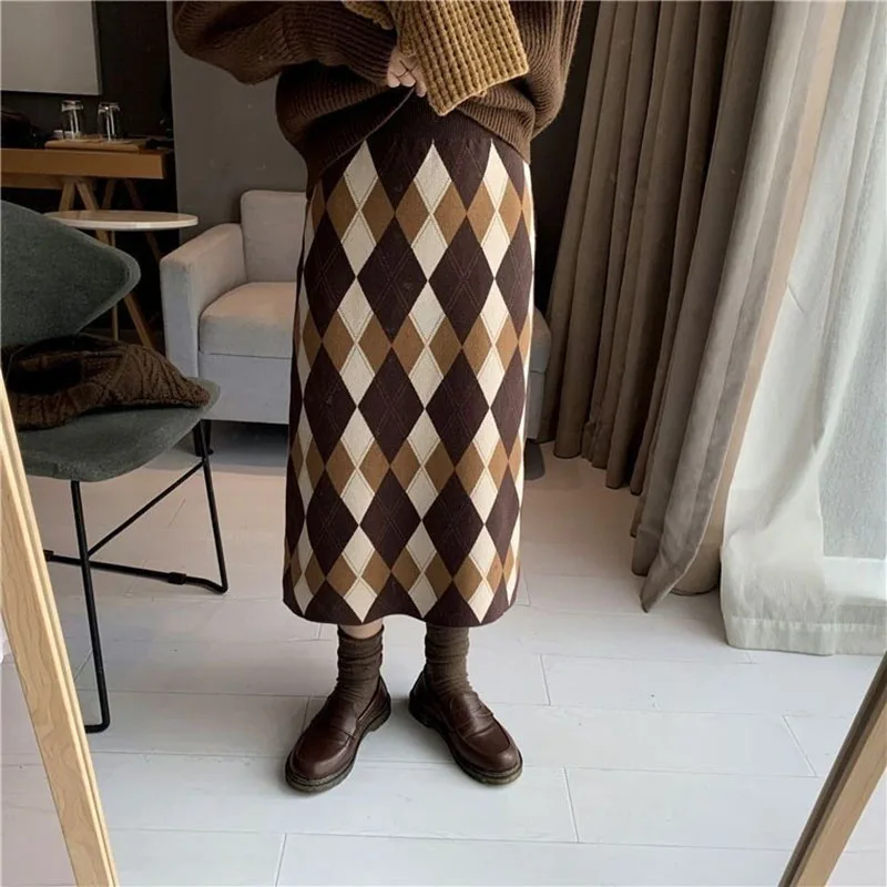 Argyle Knitted Skirts for Women Autumn Loose Casual Plaid Midi Skirt Female Korean High Waist Streetwear Straight Skirt New