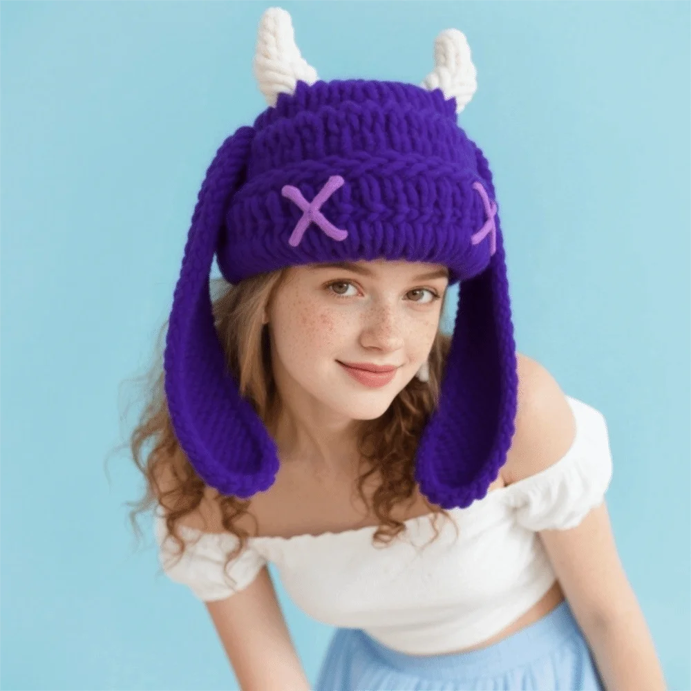 Kawaii Versatile Knitted Beanies Y2K Punk Gothic Style Pullover Hat Warm Travel Cap Autumn Winter
