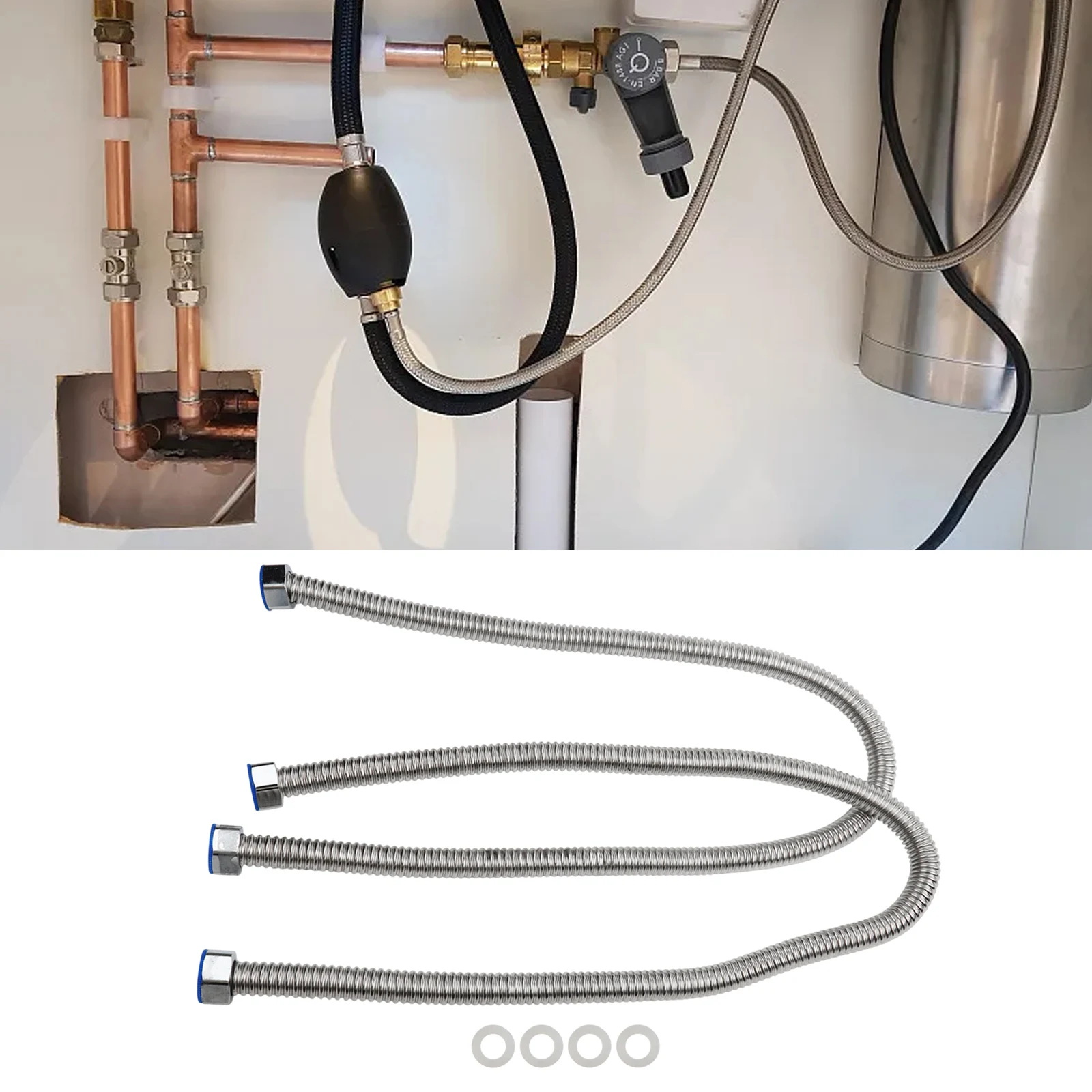 

High Temperature Resistant Stainless Steel Hose Set Two Flexible Connectors at 34 Inches Each for Secure Water Connections