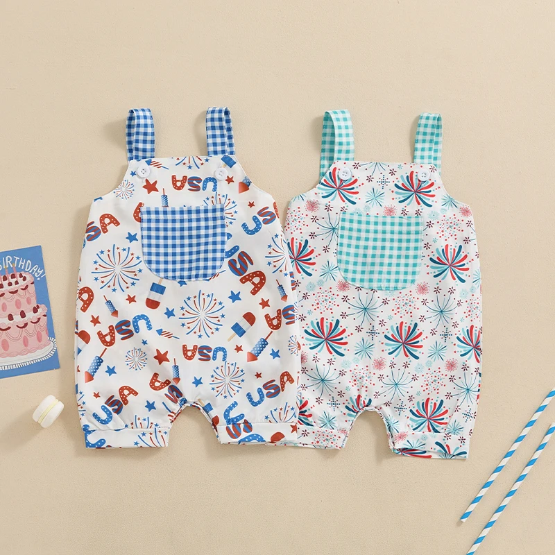 

Suefunskry Baby Girl Overalls Jumpsuit Summer 4th of July Firework Print Sleeveless Romper for Newborn Toddler Cute Clothes