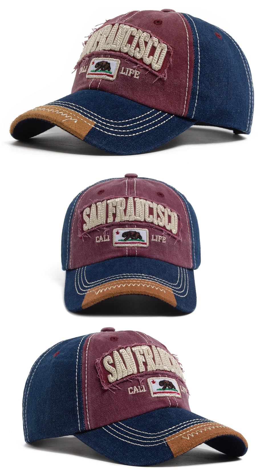 California Bear Baseballkappe für Herren und Damen, gewaschener Denim, Retro-Buchstabe, bestickte Mütze, Sommer, Hip-Hop-Snapback für den täglichen Gebrauch, lässig – Detail 6