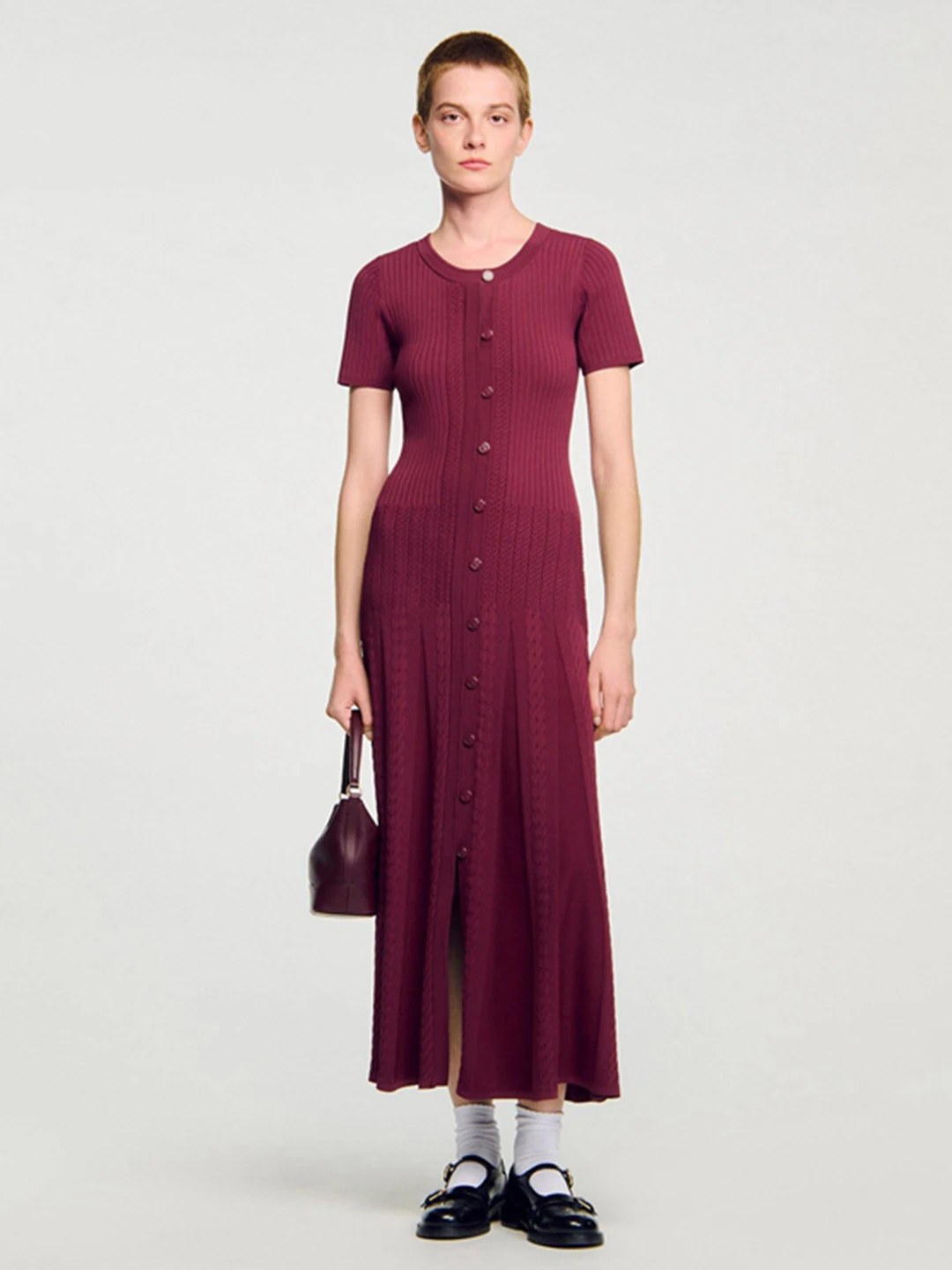 Saia A-Line de Cintura Alta com Bordado Floral em Tricô, Botão Único, Nova Chegada Outono/Inverno para Mulheres