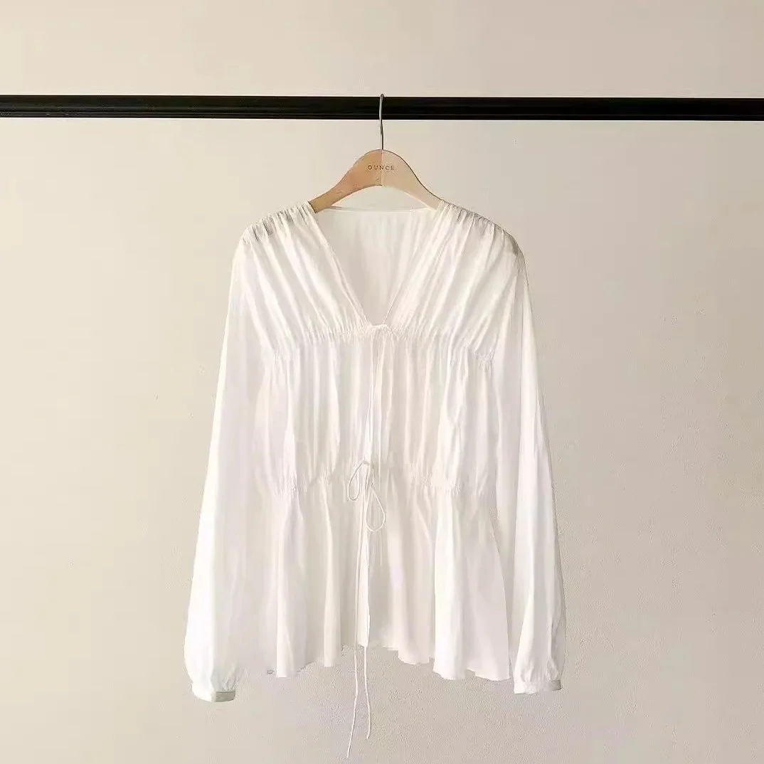 Sweet Ele V-Ne Long Sve irt Dongda Gate Ounce Retro Design Sense Tie Women's Cotton Breathable Comfortable Faion