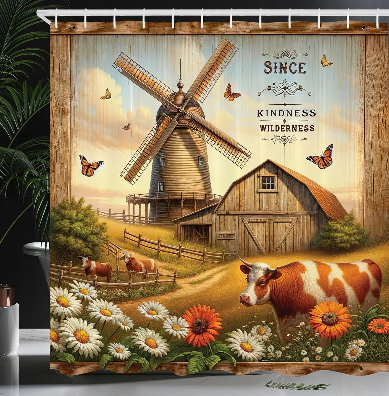 

Farmhouse Shower Curtain Vintage Countryside Barn Windmill Cows Butterflies Magic Landscape Amber Off White Green Hooks