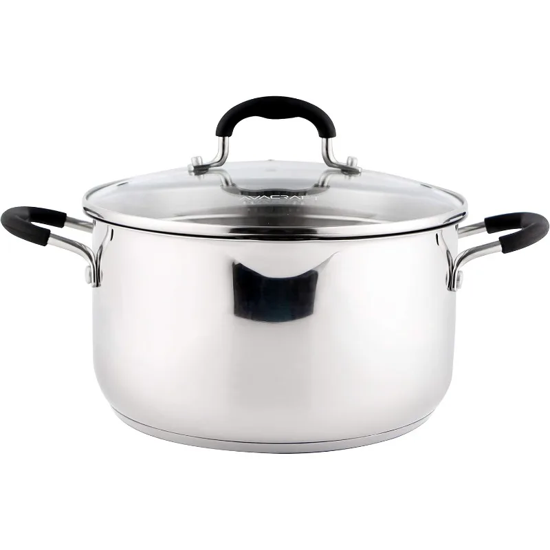 Stainless Steel Stockpot with Glass Strainer Lid, 6 Quart Pot, Saucepan cookware, Side Spouts, Multipurpose Stock Pot,