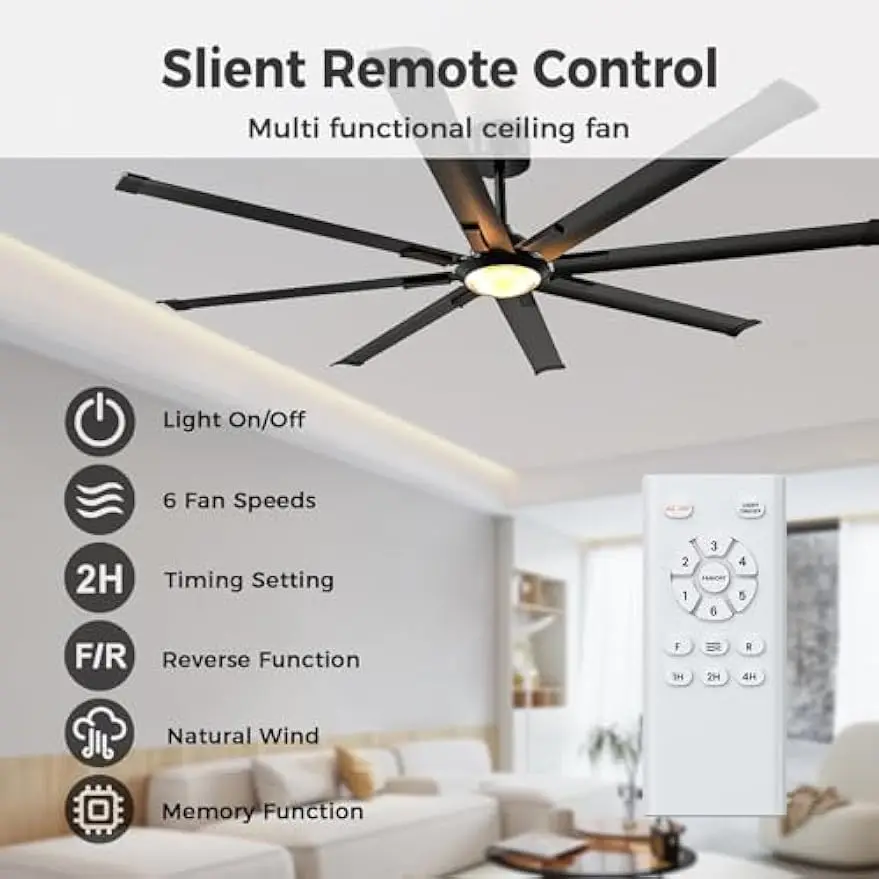 Fans with Lights and Remote：72 Inch Indoor Outdoor Large Ceiling Fan for Living Room Patio Kitchen 8 Aluminum Blades Black Indus