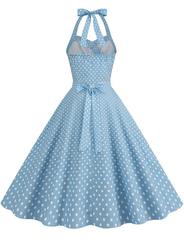 Elegant Polka Dot Party Dress Women Summer Halter High Waist 50s Vintage Fit and Flare Backless Retro Dresses