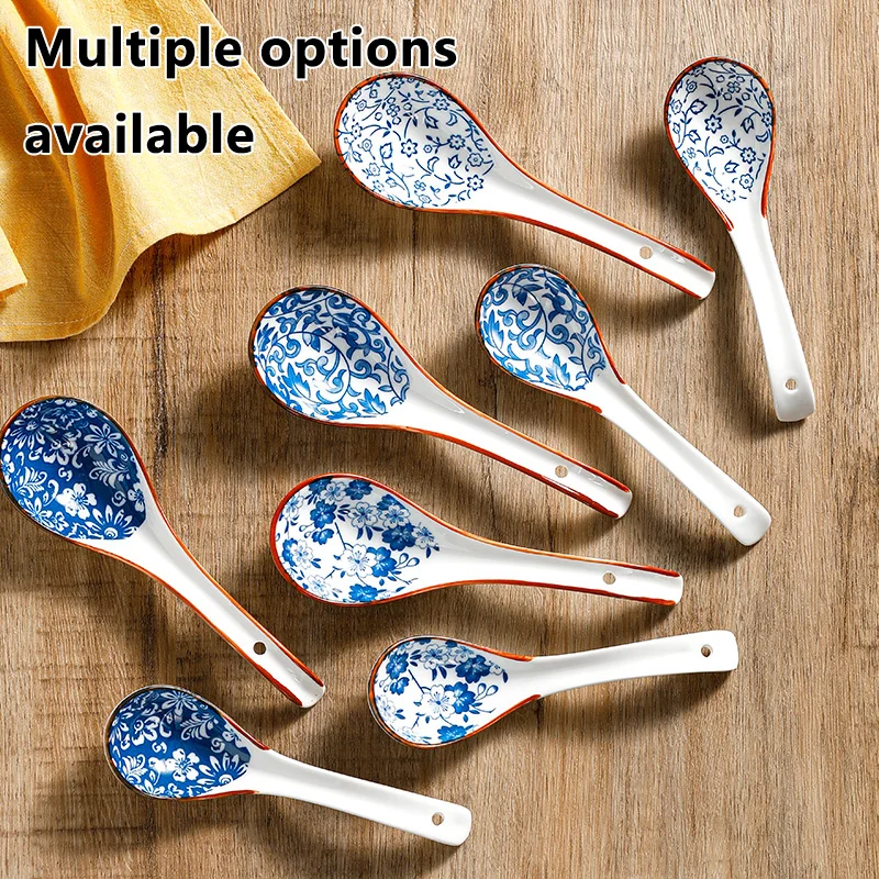 4PCS Soup Spoons Ceramic Retro Chinese Style SetBlue White Porcelain Household Tableware Long Handle Soup Spoon Combination Set