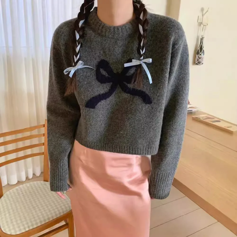 Korejpaa Korean Fashion Pullover Sweaters Women Round Neck Bow Jacquard Knitted Top Elegant Casual Wild Autumn Warm Pull Femme