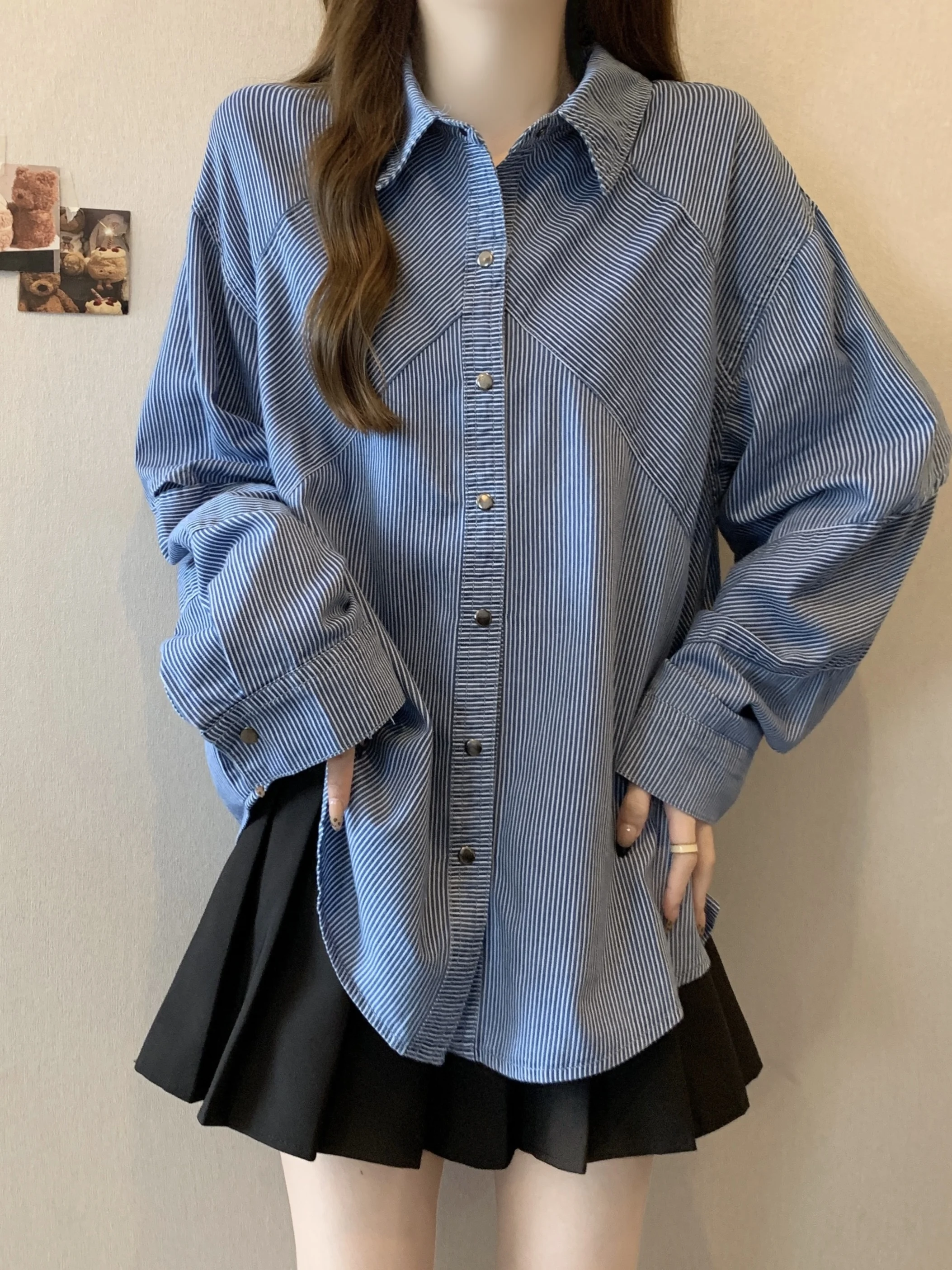 

plus Size Women's Casual Striped Denim irt Trendy Long Sve Mid-Length Casual Wear Spring Autumn Slimming Top