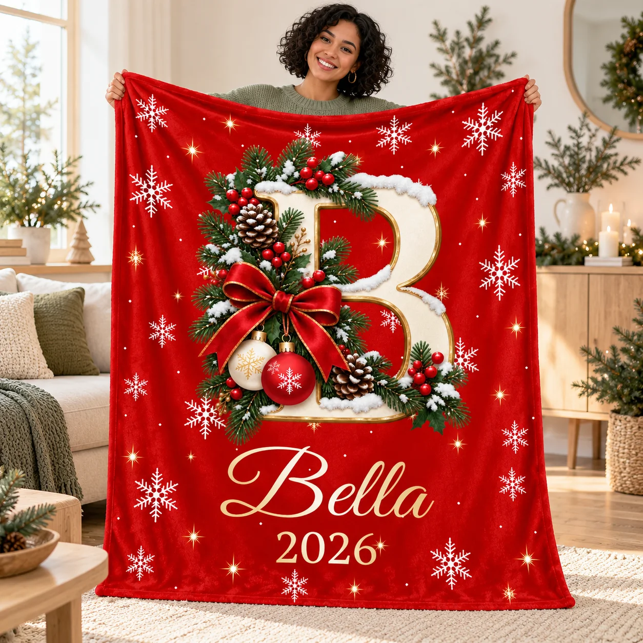 Personalized Christmas Blanket Custom Name Initial Letter Blanket Family Holiday Gift Cozy Fleece Throw Blanket Xmas Decor