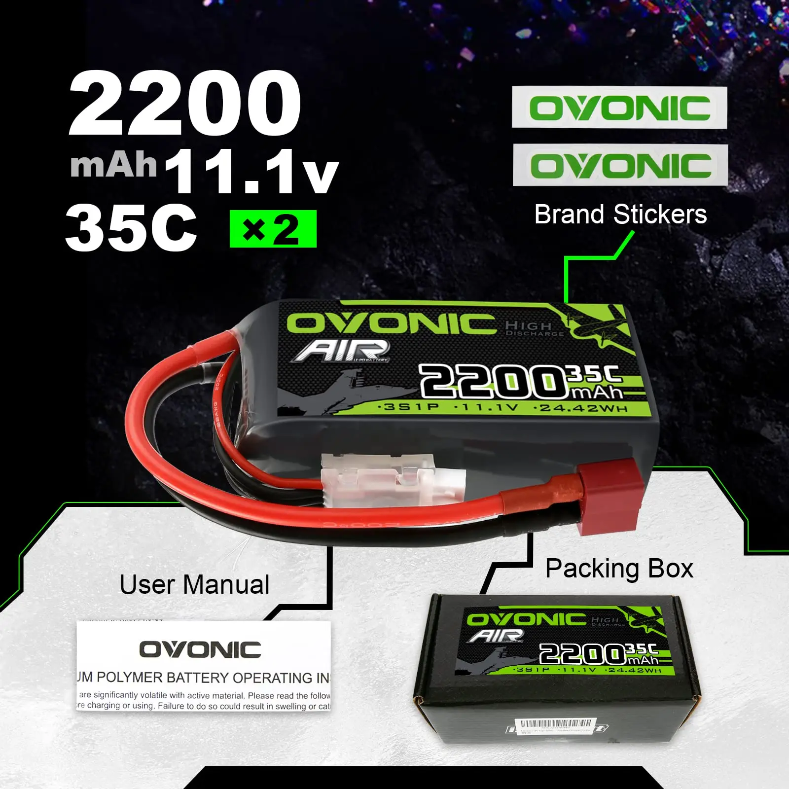 OVONIC 3S 11.1V Lipo Battery 2200mAh 35C Max to 70C Deans Connector - 2 Pack 3S Short Packs Batteries with Hyper Power for RC Ca