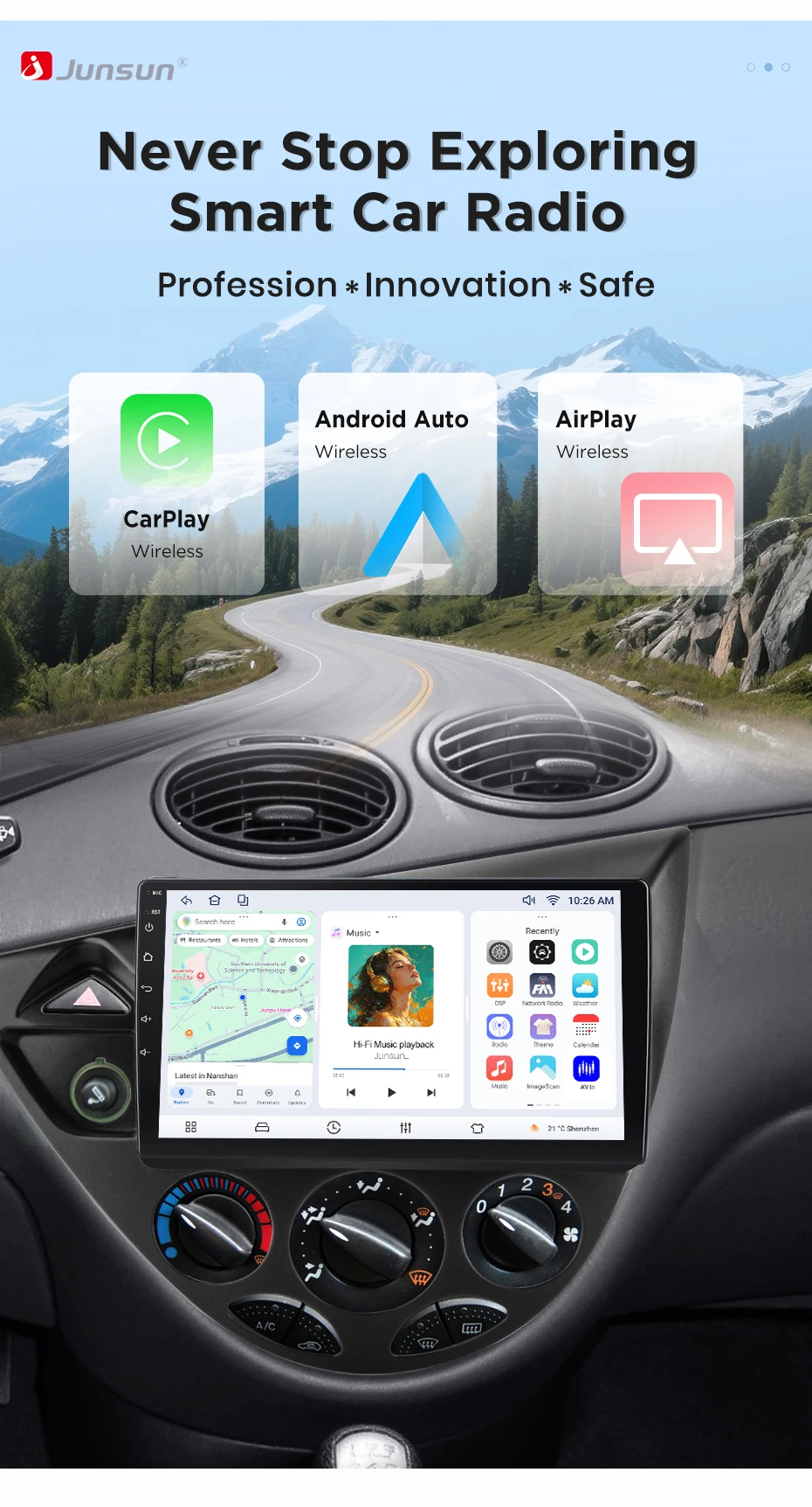 Junsun Wireless CarPlay Android Auto Autoradio für Ford Fiesta 1995-2001 Focus Mk1 1998-2004 Intelligente Systeme DSP SWC RDS GPS – Detail 2