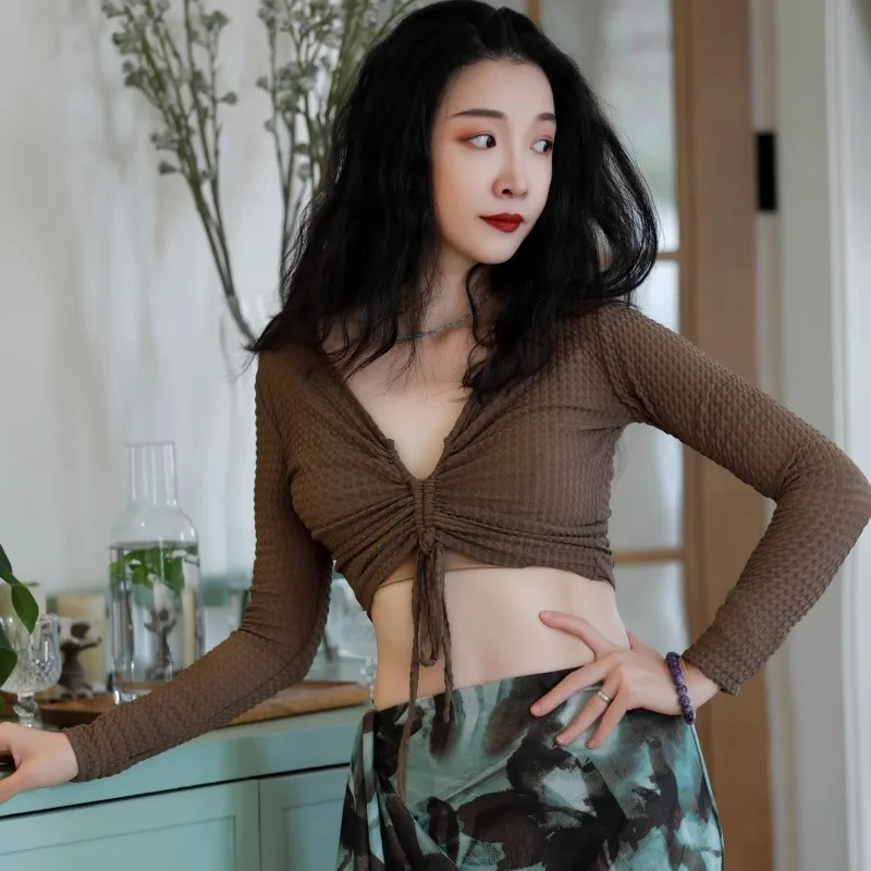 

customized High elasticity drawstring long sleeved tops belly dance costumes oriental dance top for women