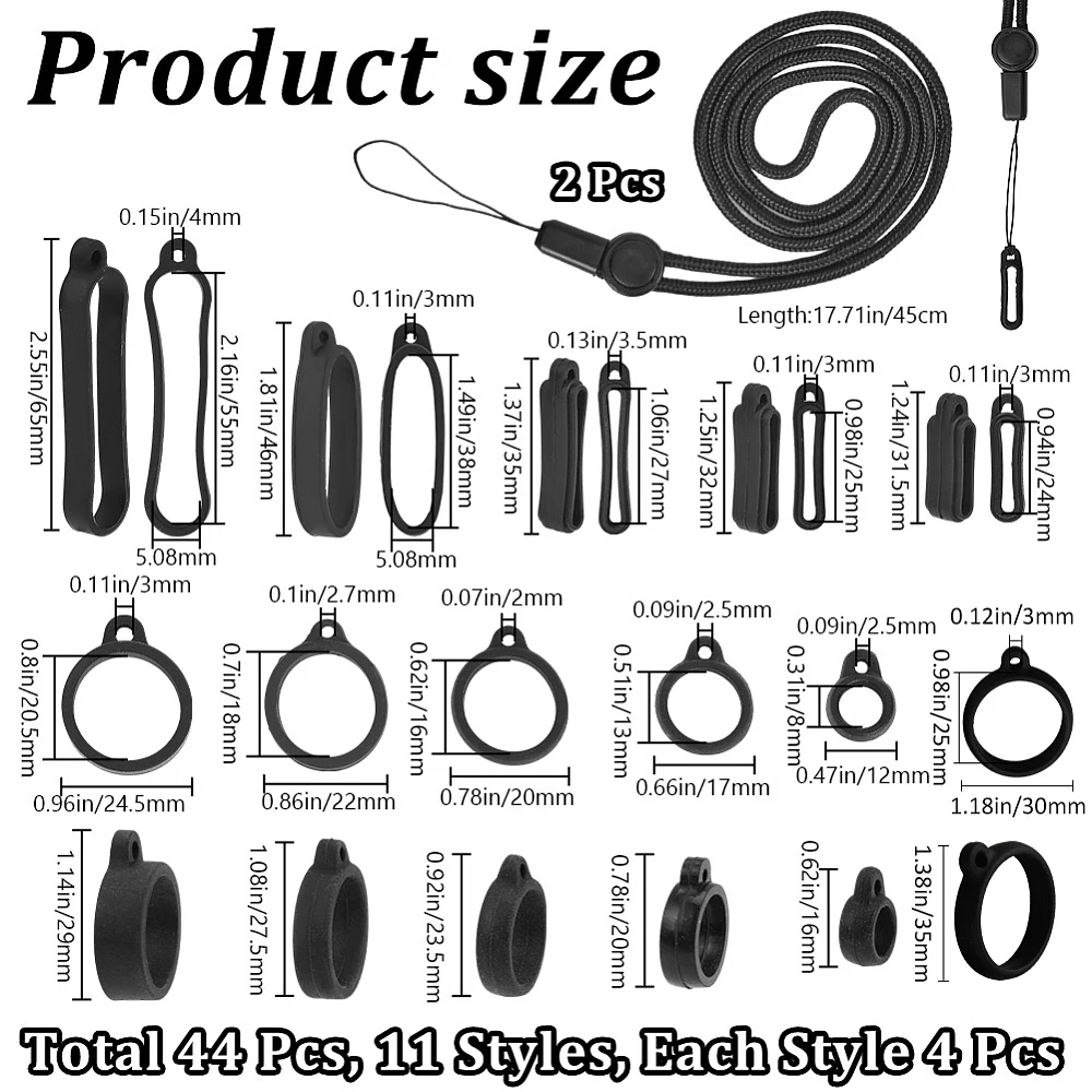 46Pcs 11 Sizes Anti-Lost Rubber Rings Set 8-58mm Ring with 2Pcs Adjustable Lanyards Strap Pendant Necklace Fixing Holder Soft