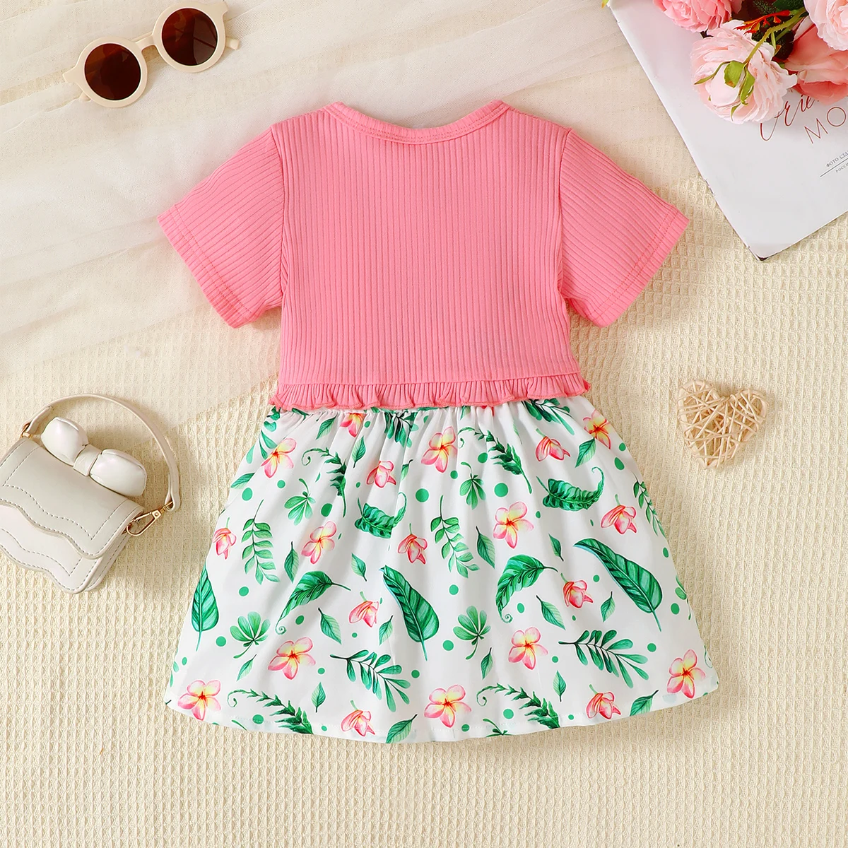 Summer Infant Girl 2 PCS Clothes Set Ruffle Pink Short Sleeve Shrug Jacket Print Dress+Big Bow for 0-3Y Cute Kids Newborn Outfit