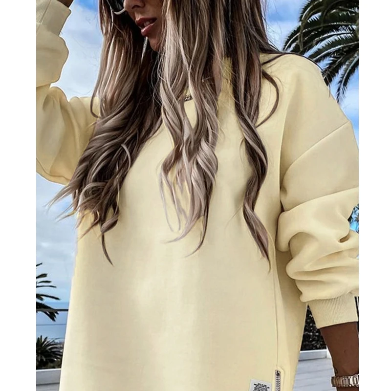 Women Solid Color Pullover Sweatshirt Women Casual Loose O-Neck Sweatshirt Autumn Winter Long Sleeve Zipper Slit Long Sweatshirt