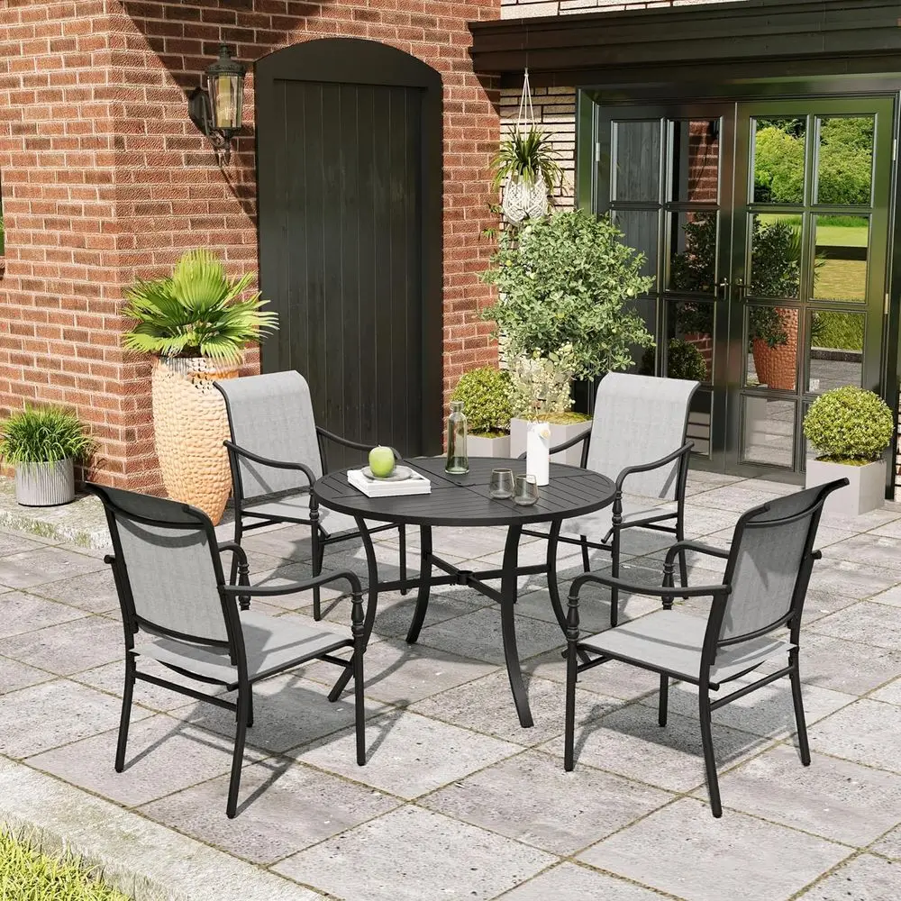 

Grey 5-Piece Patio Dining Set with 4 Textilene Chairs and 42 Round Table for Outdoor, Garden, Lawn, Porch, and Poolside Use