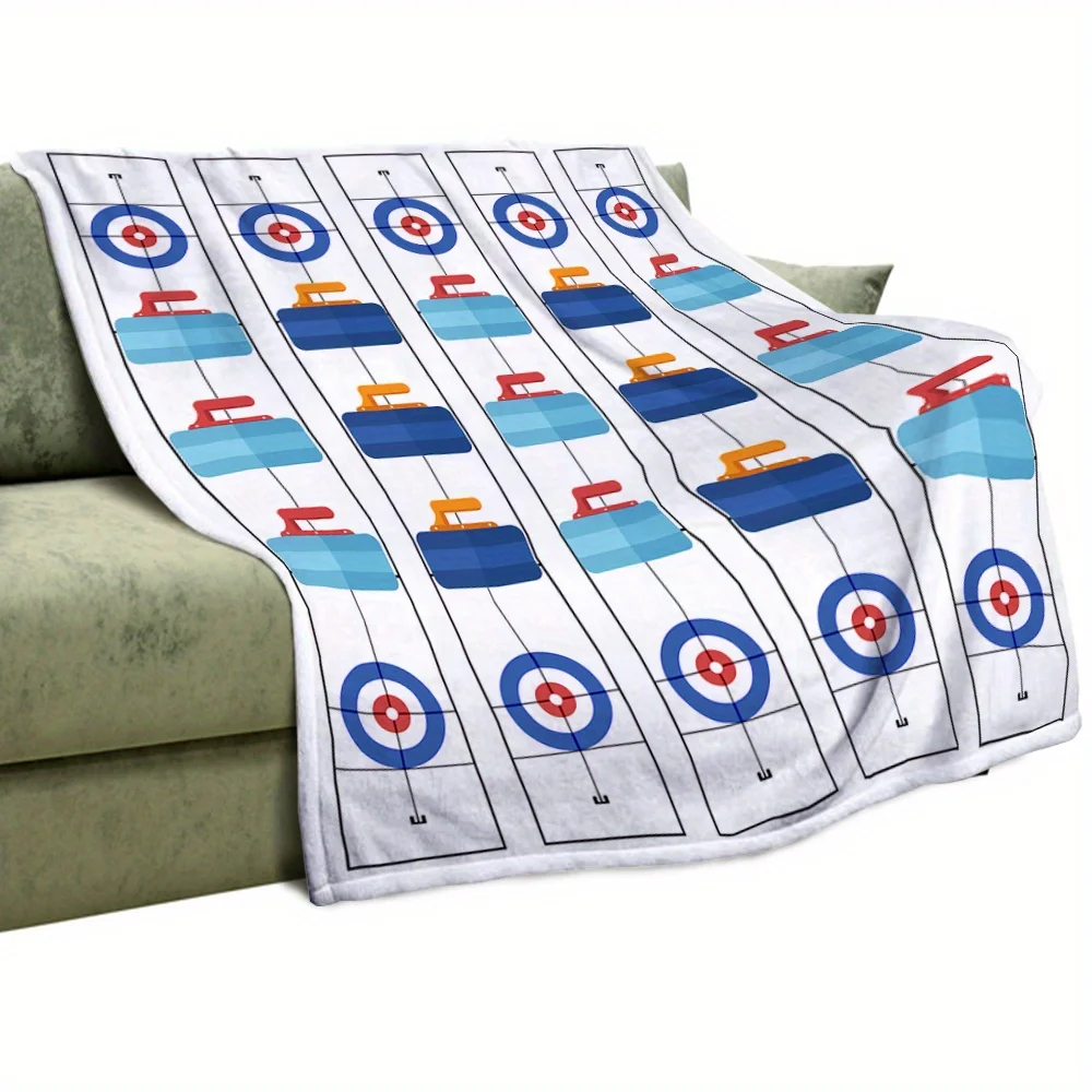 Curling Game Pattern Flannel Blanket Sports Theme Throw Cover Soft Cozy Living Room Decor Gift for Athletes Winter Home Comfort