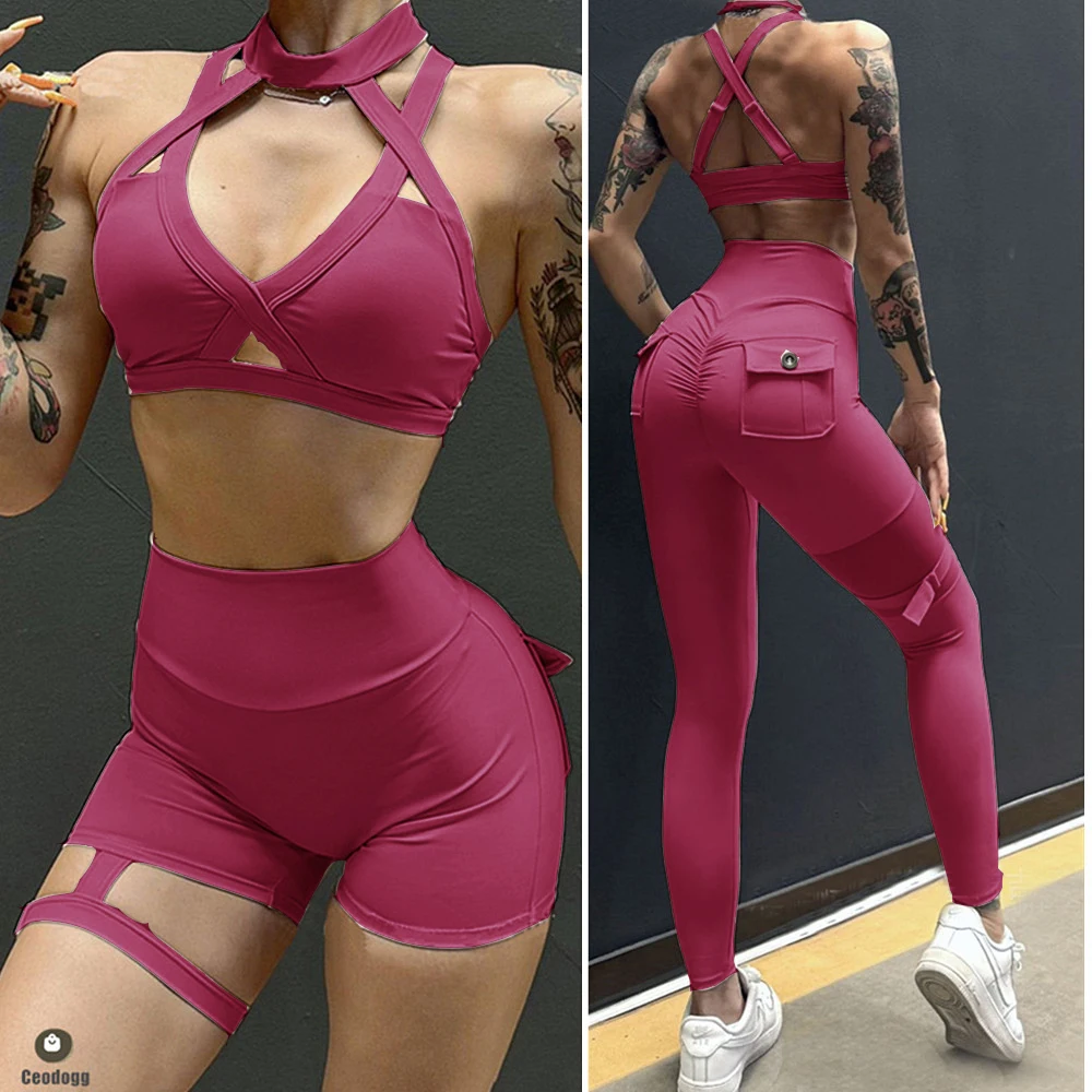 2Pcs Halter Mesh Buckle Women Sportswear Yoga Set Cross Bra Workout Athletic Wear Gym Scrunch Shorts Fitness Bra Yoga Suit XP118