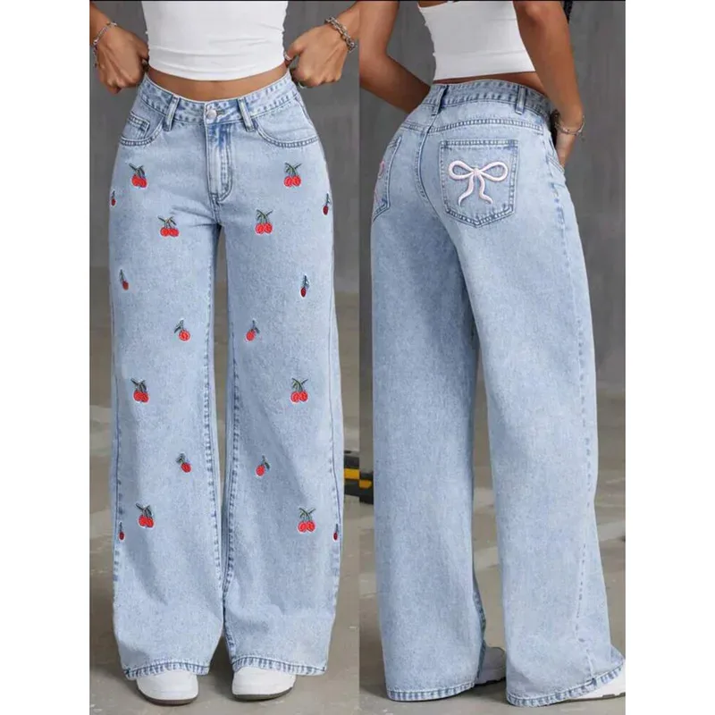 

Women's Embroidery Vintage Jeans 2025 High Waist Distressed Washed Pockets Floor Length Wide Leg Denim Streetwear Pants