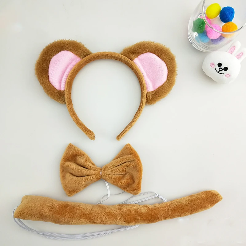عقال آذان الدب البني الصغير ، أزياء حفلة الهالوين ، إكسسوارات تأثيري ، ربطة عنق حيوان كاواي ، تنورة الذيل